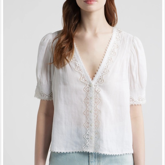 Doen Tops - Doen Brigitta Lace Trim V-Neck Ramie Top